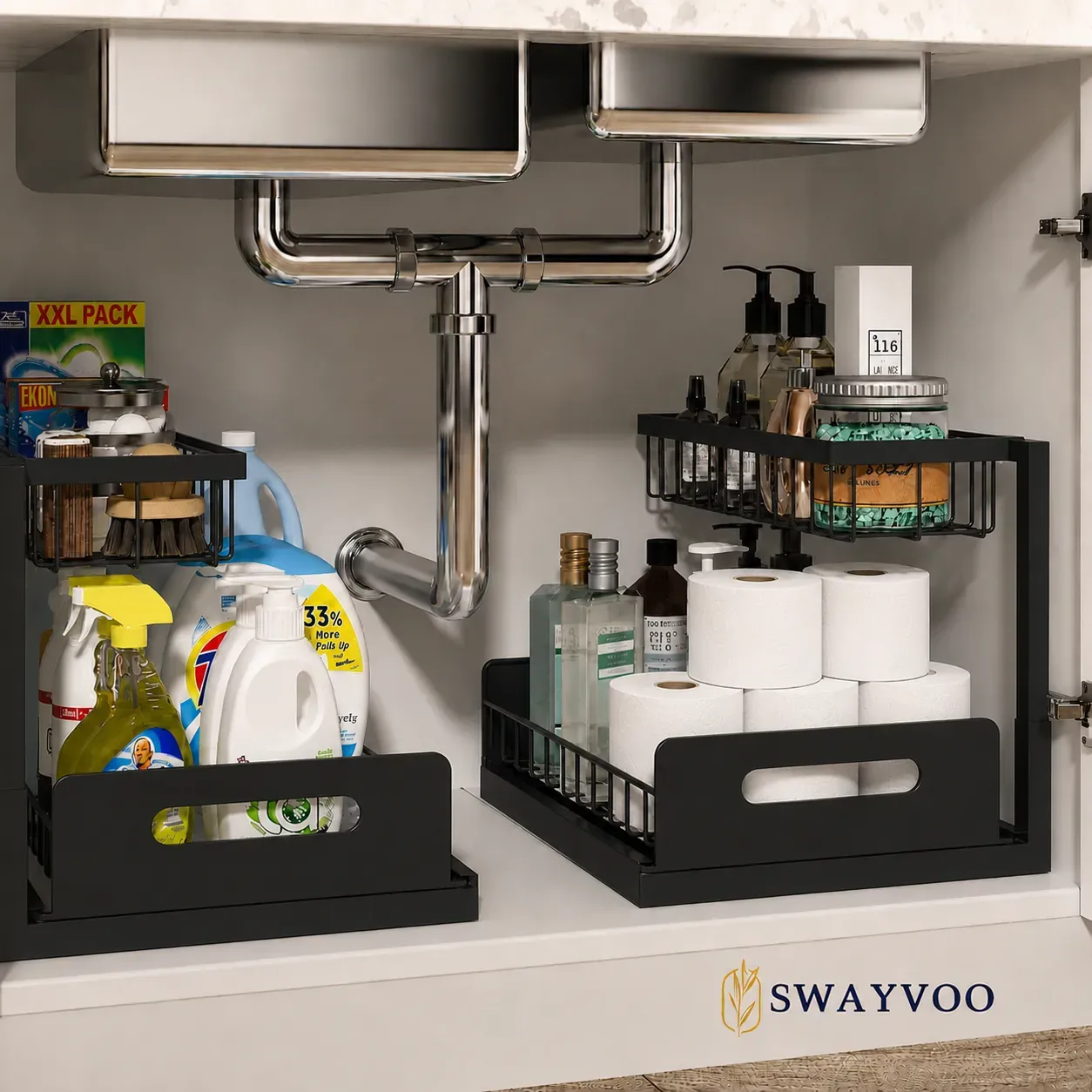 Under Sink Organizer 2 Pack — 2-Tier Adjustable Sliding Storage, Black